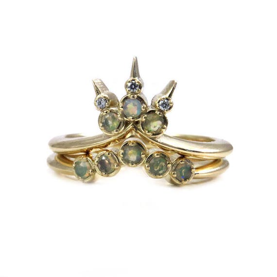 Ready to Ship Size 6-8 - Opal Trident Engagement Ring Set - Stacking Diamond and Opal Bohemian Wedding Rings