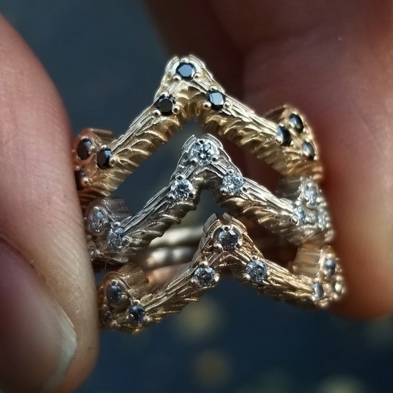 Diamond Mossy Knoll Chevron - 14k Rose, Yellow or Palladium White Gold - Wedding Band - Black, White or Salt & Pepper Diamonds