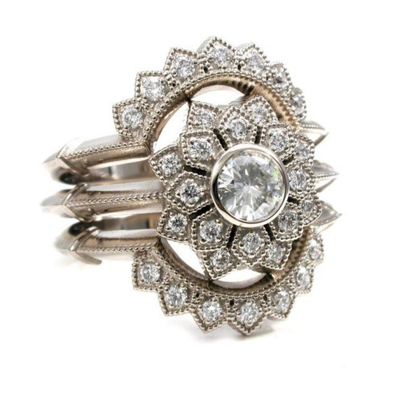Art Deco Double Petal Halo Ring with 2 Matching Diamond Side Bands - 14k Palladium White Gold - Diamond Engagement Ring Set