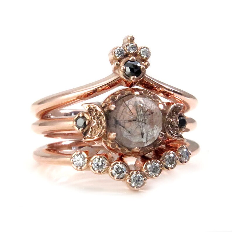 Celestial Goth Engagement Ring Set Black Rutile Quartz Moon Etsy