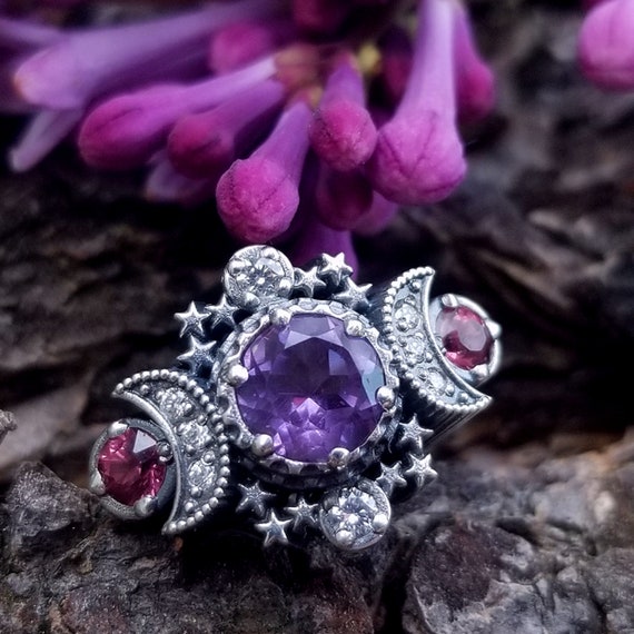 Amethyst & Malaya Garnet Cosmos Moon Engagement Ring with Stardust Chevron Wedding Band and Diamonds