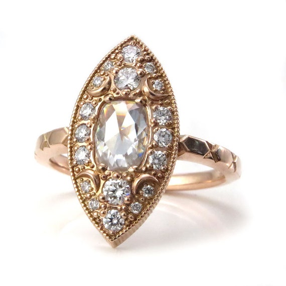 Ready to Ship Size 6 - 8 - Navette Moon Ring - Rose Cut Antique Cushion Moissanite with White Diamonds - 14k Rose Gold