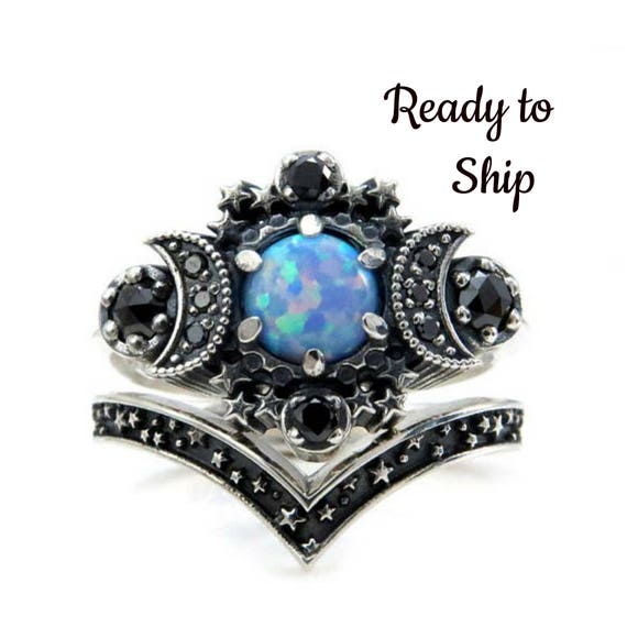 Ready to Ship Size 4 - 6 - Cosmos Moon Ring - Lab Blue Grey Opal with Black Diamonds