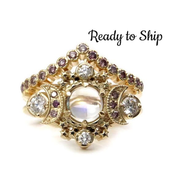 Ready to Ship Size 6-8 - Purple Moonstone Cosmos Engagement Ring with Irradiated Lavender Diamonds - 14k Yellow Gold - OOAK