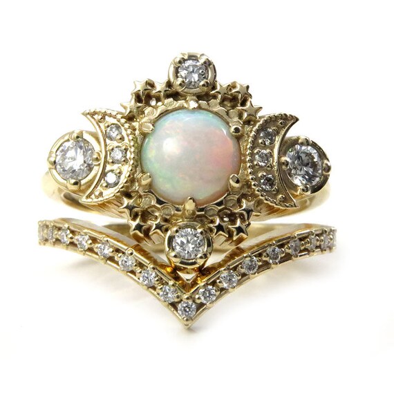 Ready to Ship Size 6 - 8 - Cosmos Natural Opal Engagement Ring Set with Diamonds - Celestial Wedding Set - 14k Yellow Gold