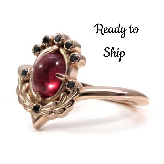 Ready to Ship Size 6-8 - Oregon Sunstone Engagement Ring with Sage Leaves and Black Diamonds