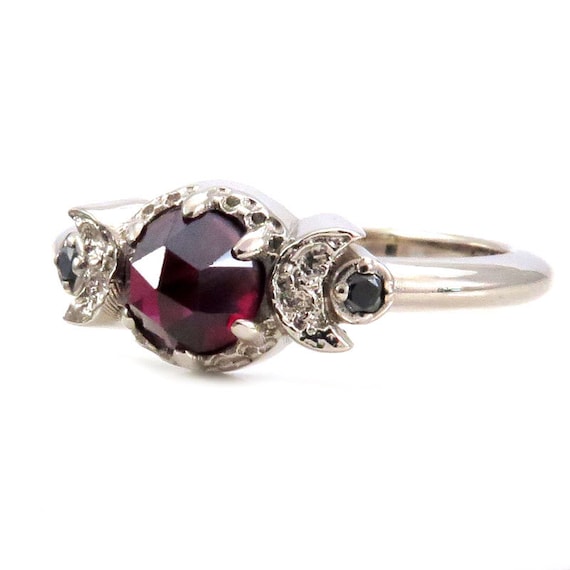 Blood Moon Ring - Garnet and Black Diamond Gothic Celestial Engagement Ring