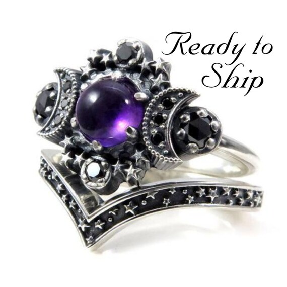 Ready to Ship Size 6 - 8 - Amethyst Cosmos Moon Engagement Ring with Silver Stardust Chevron Wedding Band