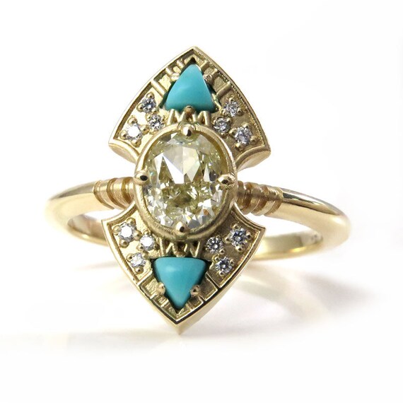 Ready to Ship Size 6 - 8 Natural Yellow Diamond Engagement Ring with Arizona Turquoise Trillions - 14k Yellow Gold