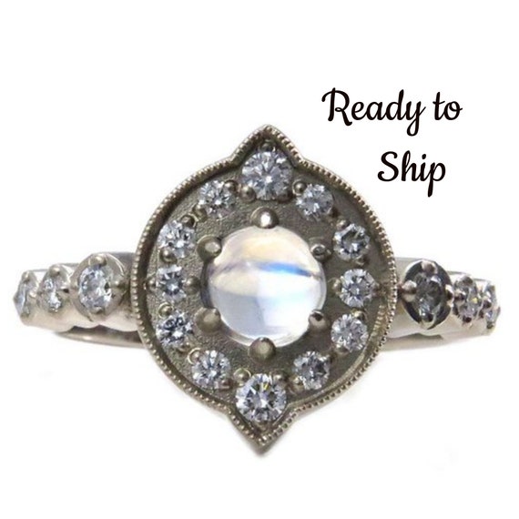 Ready to Ship Size 6 - 8 - Moonstone and Diamond Halo Engagement Ring - Modern Art Deco 14k Yellow, Rose or Palladium White Gold