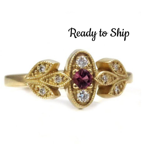 Ready to Ship Size 5-7 - Pink Tourmaline and 14k Yellow Gold Millgrain Leaf Petal ring with Diamonds