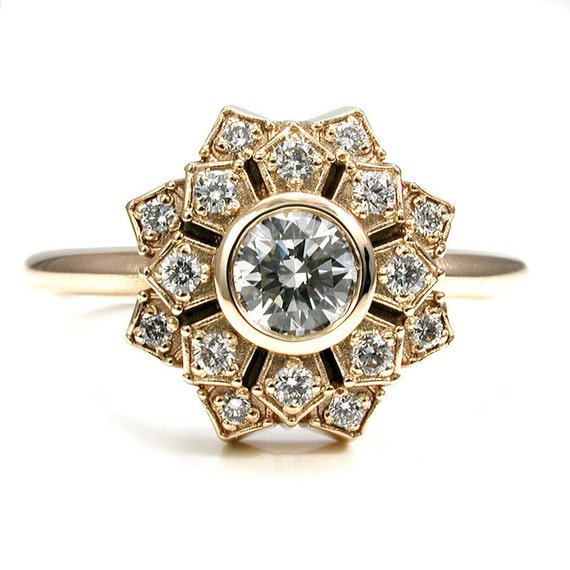 Art Deco Engagement Ring - Petal Double Halo 14k Yellow Gold and Diamond Nouveau Wedding Ring