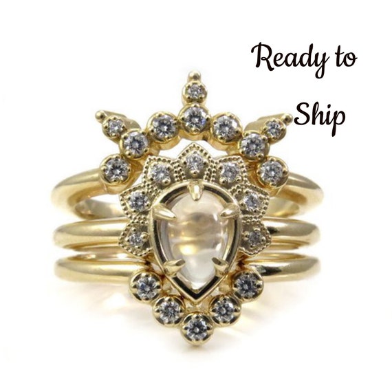 Ready to Ship Size 6 - 8 - Moonstone and Diamond Asteroid Engagement Ring Set - 14k Yellow Gold - Bohemian Stacking Ring Set