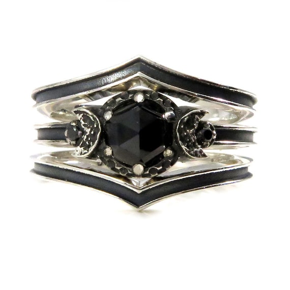 Black Silver Midnight Moon Engagement Ring Set - Rose Cut Black Spinel and Black Diamonds - One or Two Side Bands