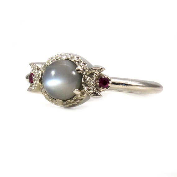 Grey Moonstone and Ruby Triple Moon Goddess Ring - 14k Palladium White Gold Gothic Engagement