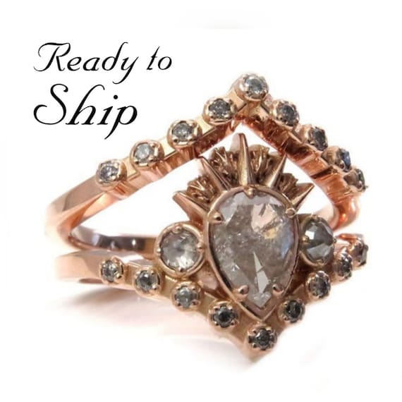 Ready to Ship Size 6 - 8 - Galaxy Diamond Ursula Sea Witch Engagement Ring Set - 14k Rose Gold with Rose Cut Grey and Salt & Pepper Diamonds