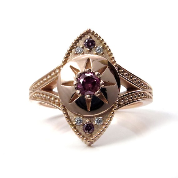 Ready to Ship Size 6 - 8 - The Seer - Irradiated Purple Diamond Evil Eye Ring with White Diamonds and Millgrain - 14k Rose Gold