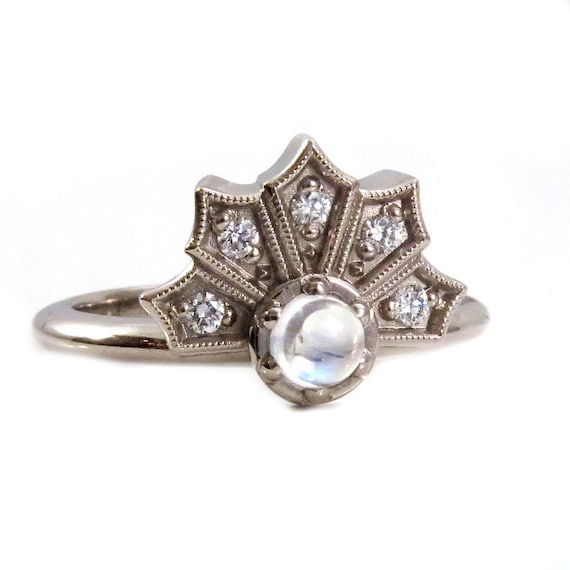 Moonstone and Diamond Crown Engagement Ring - 14k Palladium White Gold