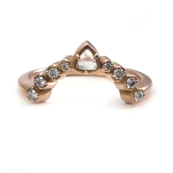 Pointed Crown Wedding Band with Moonstone Trillion and White Diamonds - Curved Stacking Side Band