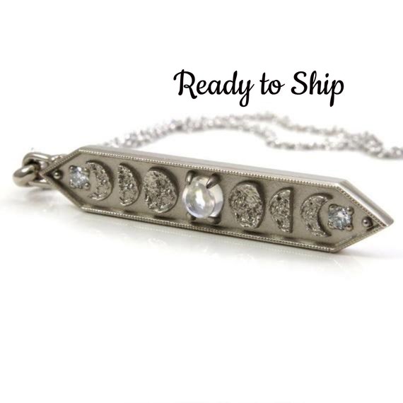 Ready to Ship - Moonstone & Diamond Moon Phase Bar Pendant with Diamonds - 14k Palladium Gold - Celestial Necklace