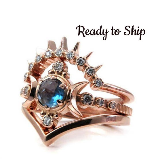 Ready to Ship Size 6 - 8 London Blue Topaz Moon Goddess Engagement Ring Set with Sunray and Chevron Wedding Bands - 14k Rose Gold