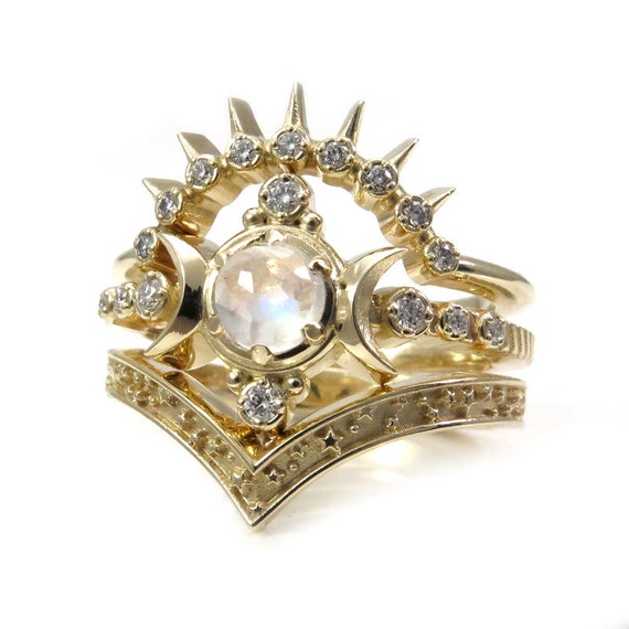 Rainbow Moonstone Compass Moon Engagement Ring Set - 14k Gold and Diamonds