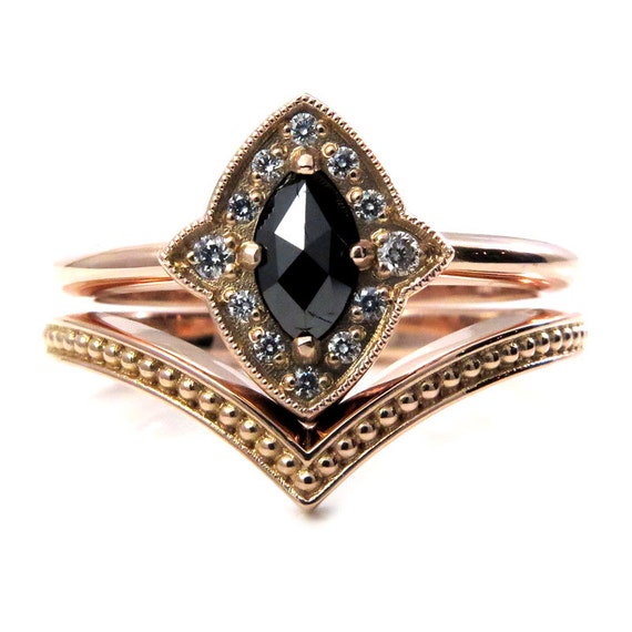 Art Deco Rose Gold Engagement Ring Set - Marquise Rose Cut Black Diamond with Tiny Diamond Halo