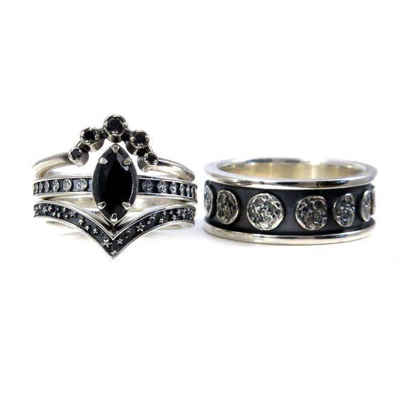 Black Silver Moon Phase Engagement Ring Set - His and Hers - Marquise Solitaire