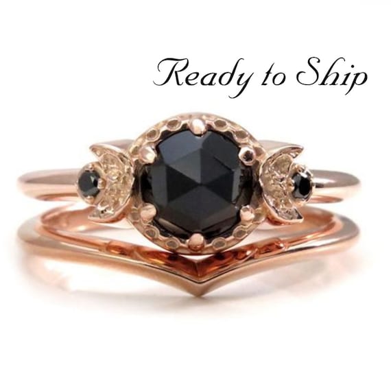 Ready to Ship Size 6 - 8 - Triple Moon Engagement Ring Set - 14k Rose Gold with Black Diamonds and Black Spinel