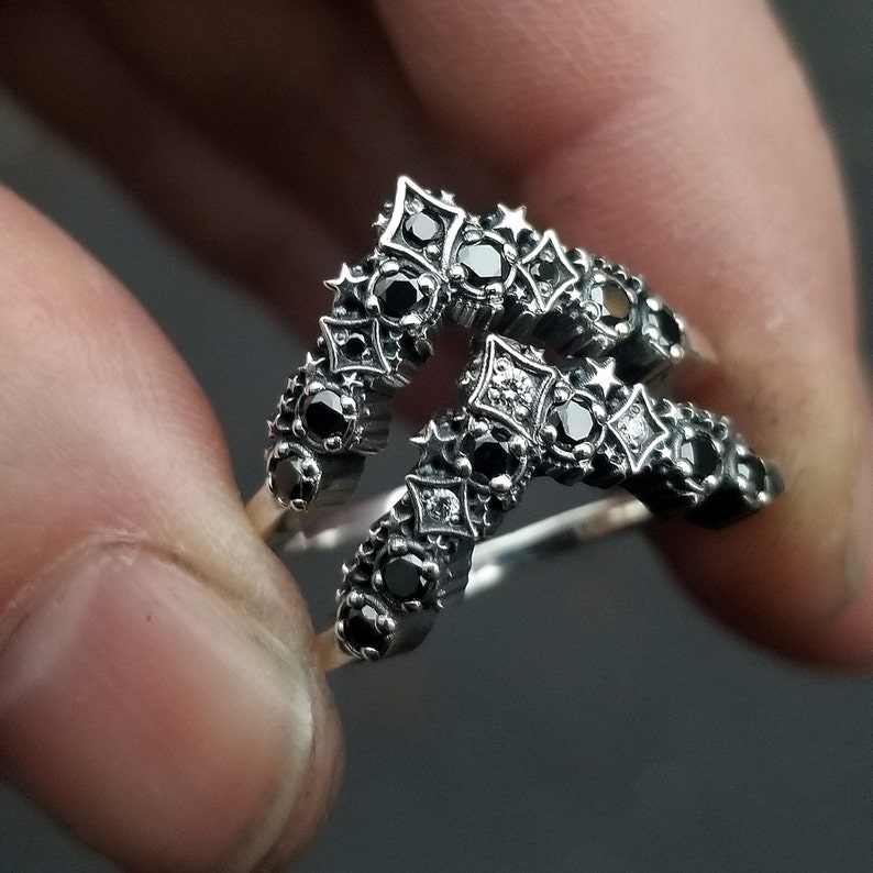 Black Diamond Stardust Chevron Wedding Band Sterling Silver Boho Stacking Ring image 5