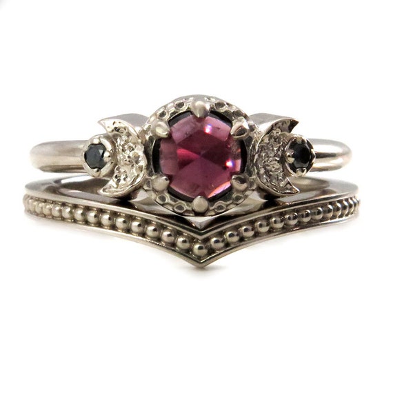 Moon Phase Engagement Ring with Garnet and Black Diamonds with Millgrain Chevron Wedding Band