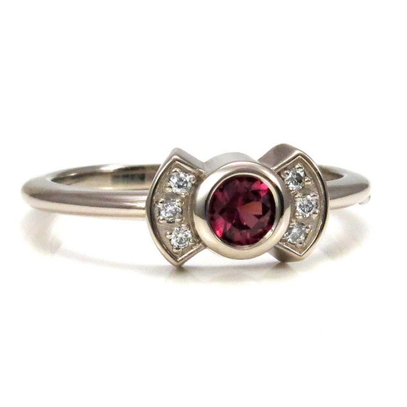 Ready to Ship Size 5 - 7 - Rhodolite Garnet Modern Art Deco Bow Engagement Ring - Diamonds and 14k Palladium White Gold - Minimalist Ring
