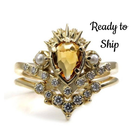 Ready to Ship Size 6-8 - Ursula the Sea Witch Engagement Ring Set - Citrine Pear with Seed Pearls and Diamonds