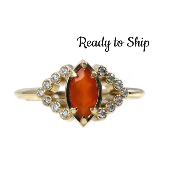 Ready to Ship Size 6-8 - Carnelian and Diamond All Seeing Eye Engagement Ring - 14k Yellow Gold Mystical Bohemian Jewelry