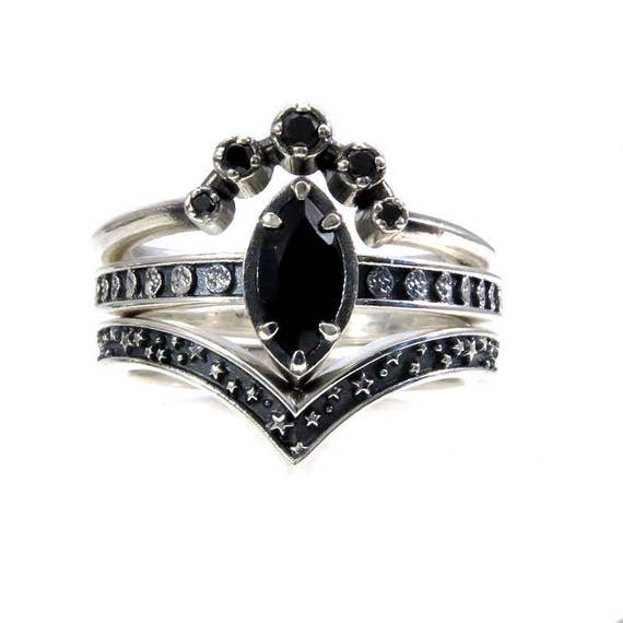 Black Spinel and Black Diamond Moon and Star Engagement Ring Set - Celestial Gothic Wedding Rings - Sterling Silver