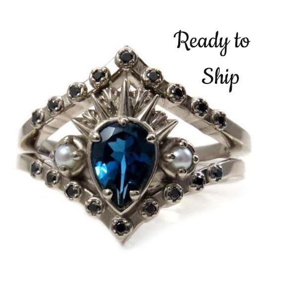 Ready to Ship Size 6 - 8 - Sea Witch Engagement Ring - Ursula - London Blue Topaz with Seed Pearls and Black Diamonds