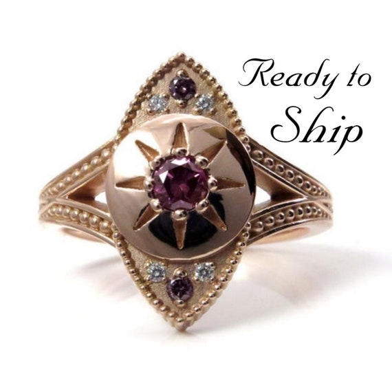 Ready to Ship Size 6 - 8 - The Seer - Irradiated Purple Diamond Evil Eye Ring with White Diamonds and Millgrain - 14k Rose Gold