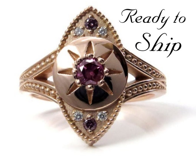Ready to Ship Size 6 - 8 - The Seer - Irradiated Purple Diamond Evil Eye Ring with White Diamonds and Millgrain - 14k Rose Gold