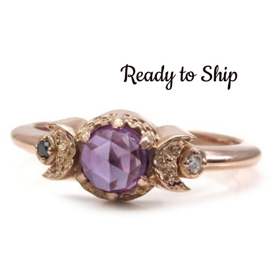 Size 6-8 Ready to Ship - Rose Cut Lab Alexandrite with Black & White Diamonds Rose Gold Engagement Ring