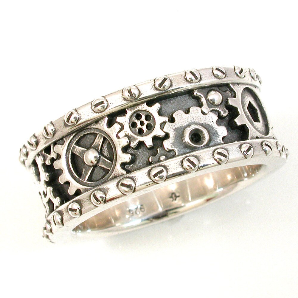 SteamPunk Mens Silver Ring Gears and Rivets Industrial image 0