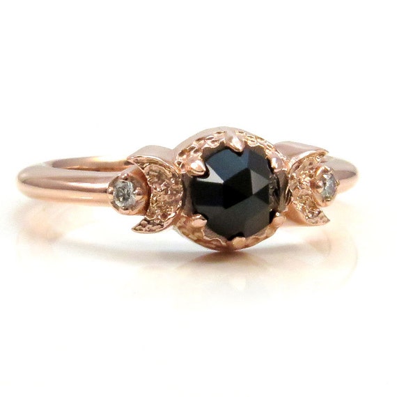 Rose Gold Crescent Moon Ring - Black Diamond or Spinel and White Diamond Engagement Ring