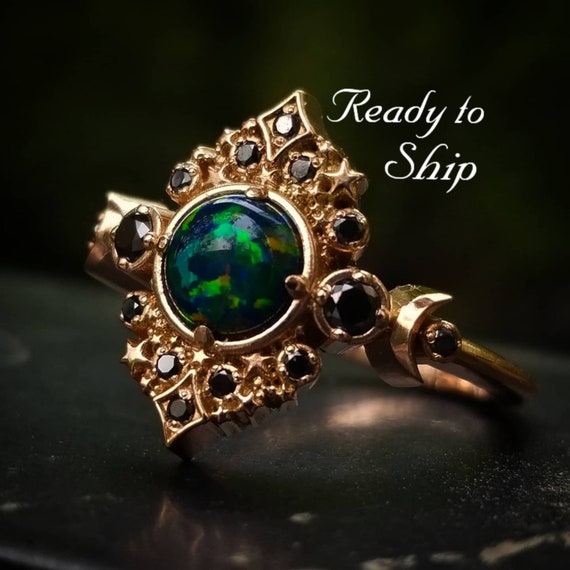 Ready to Ship Size 6 - 8 - Black Lab Opal Galaxie Engagement Ring - 14k Rose Gold - Black Diamond Sides - Boho Moon Wedding Ring