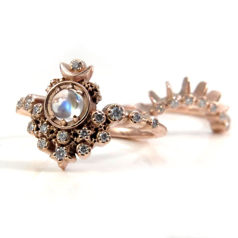 Moon Witch Engagement Ring Set Moonstone and Diamonds