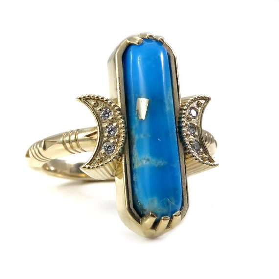 Ready to Ship Size 6-8 Ithaca Peak Turquoise Moon Ring with Pyrite and Quartz Inclusions & Diamonds - 14k Yellow Gold