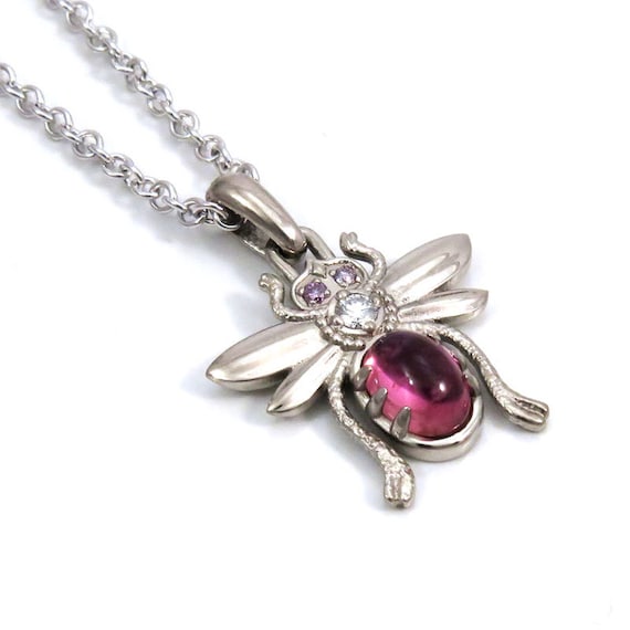 White Gold Bug Pendant with Pink Tourmaline Cabochon and Purple and White Diamonds