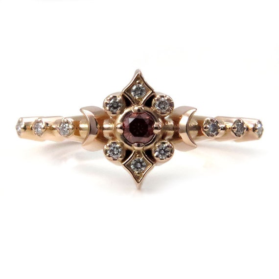 Irradiated Peach and White Diamond Tiny Moon Engagement Ring Boho Fine Jewelry