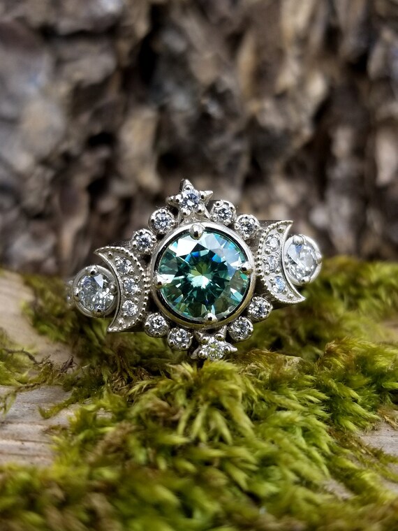 Selene Moon Goddess Engagement Ring - Seafoam Moissanite & Diamond Celestial Wedding Ring -Vintage Inspired White Gold Wedding