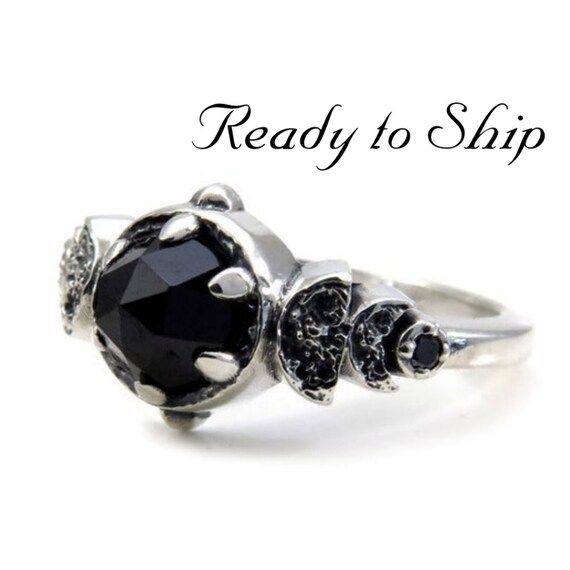 Ready to Ship Size 5 - 7 - Gothic Victorian Crescent and Half Moon Engagement Ring - Rose Cut Black Spinel & Black Diamonds -Sterling Silver