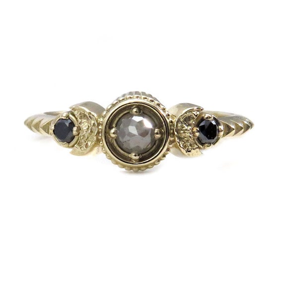 Rose Cut Grey Diamond Petite Moon Engagement Ring with Black Diamond Side Stones - 14k Gold