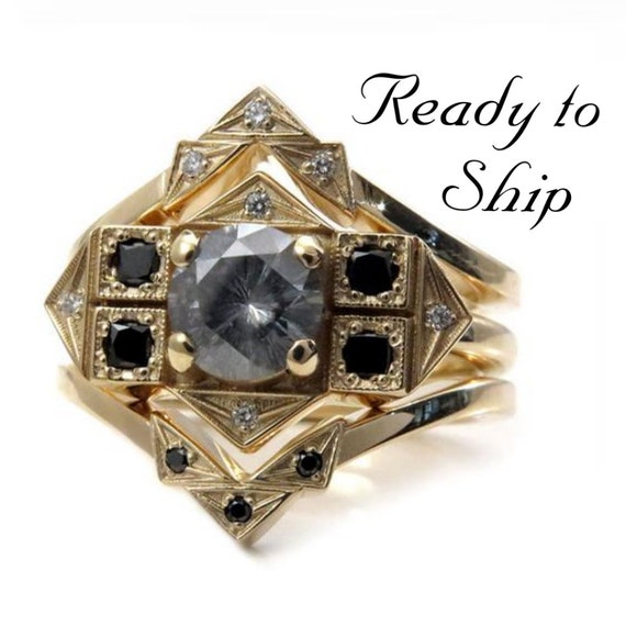 Ready to Ship Size 6 - 8 - Art Deco Engagement Ring Set - 6.5mm Grey Clair de Lune Moissanite w/ Matching Wedding Bands - One of a Kind